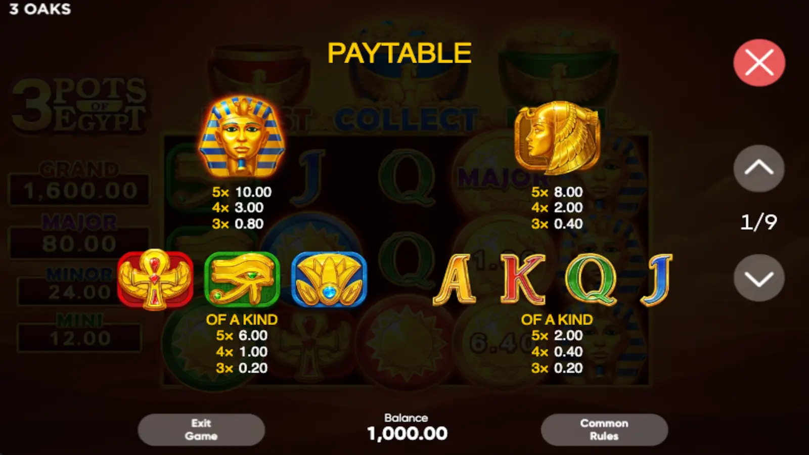 3 Pots of Egypt Slot Symbols and Paytable