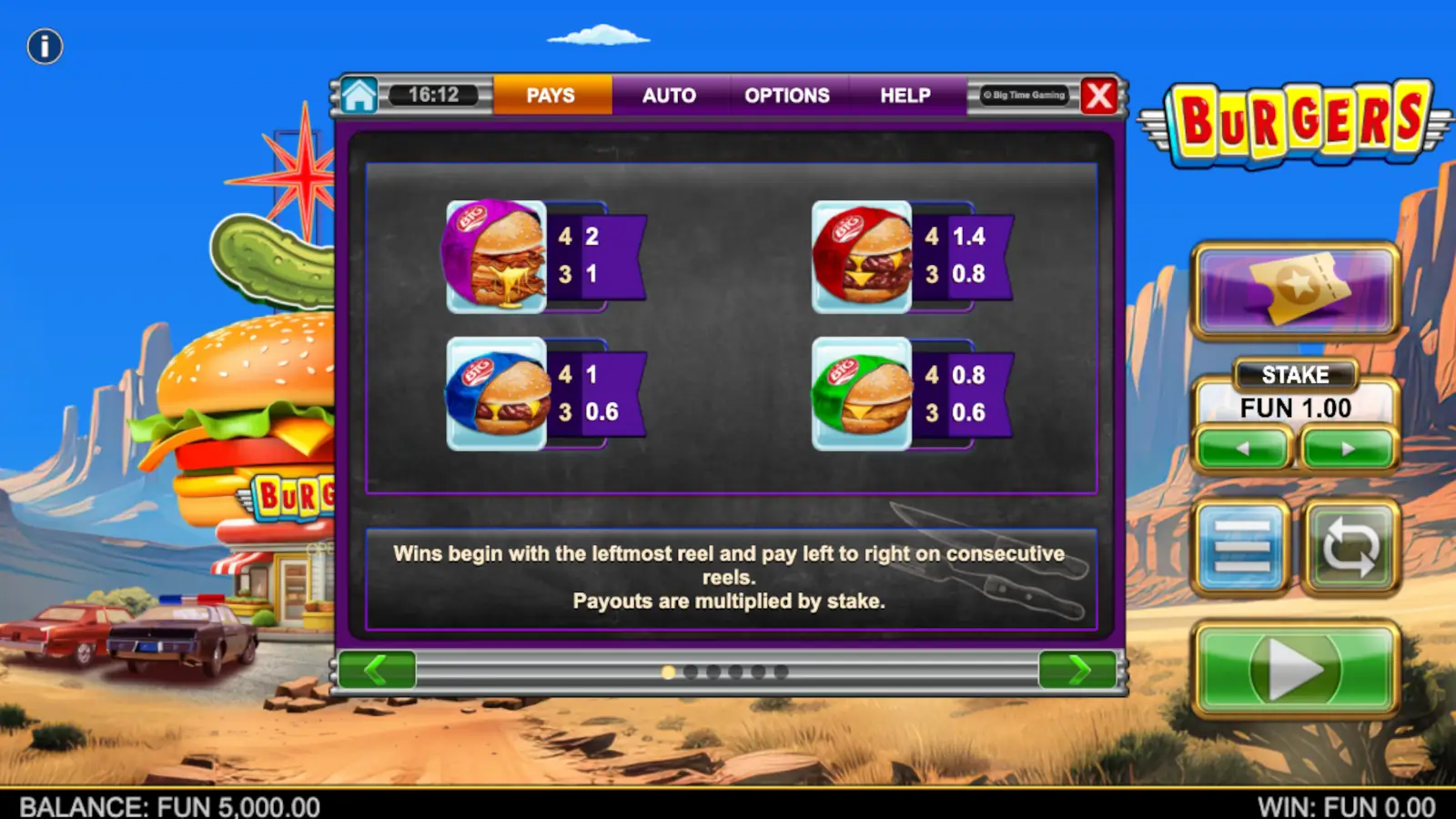 Burgers Slot Symbols and Paytable