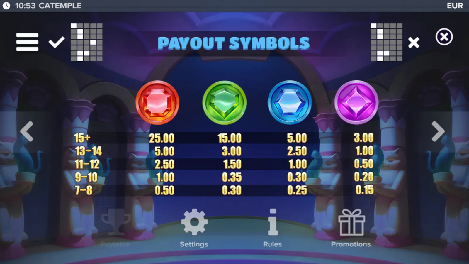 Catemple Slot Symbols and Paytable