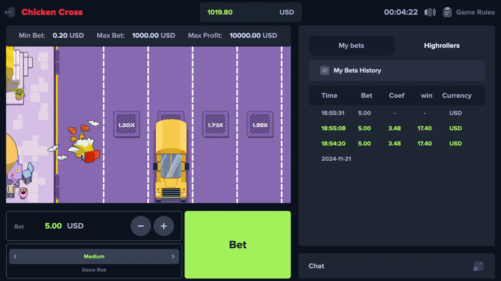 Chicken Cross Game Multiple Lanes with Increasing Multipliers