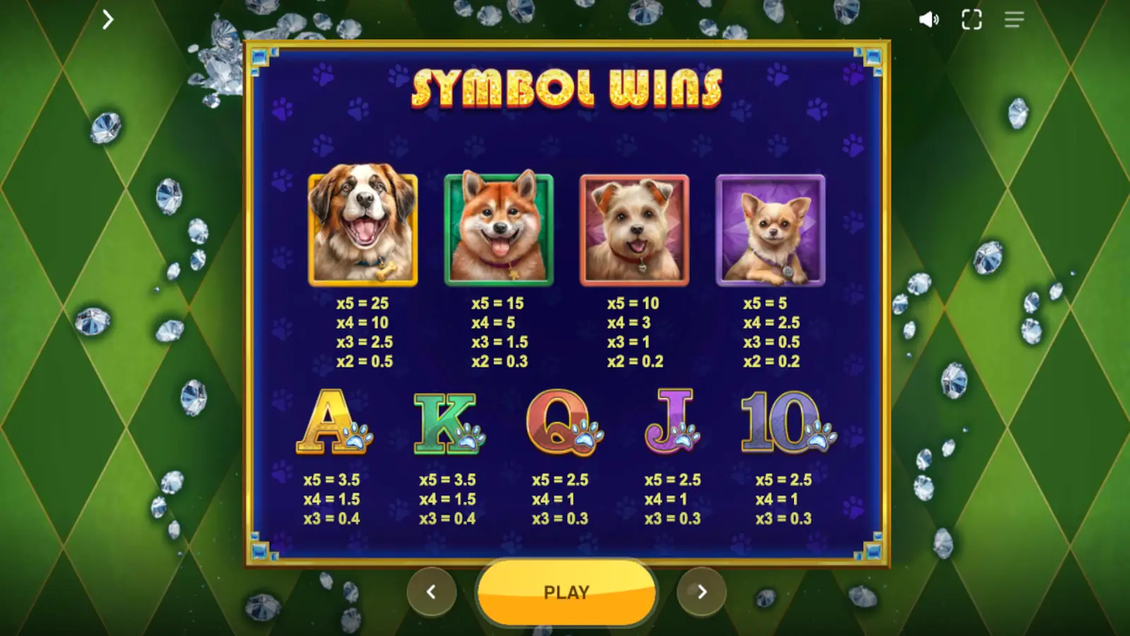 Diamond Doggies Slot Symbols and Paytable