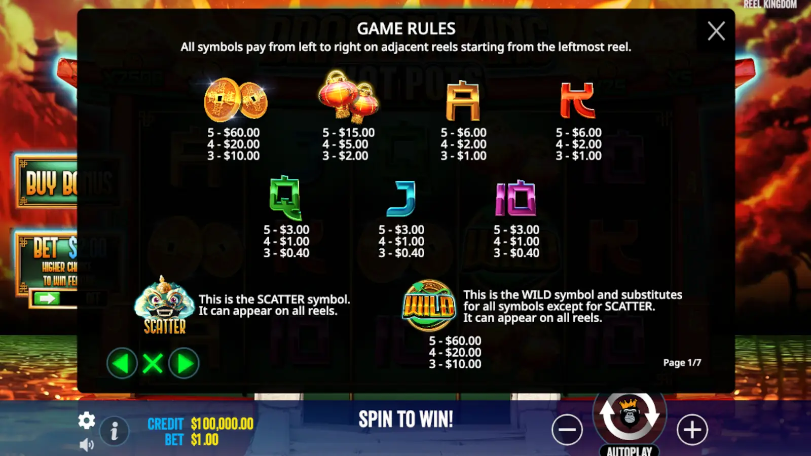 Dragon King Hot Pots Slot Symbols and Paytable