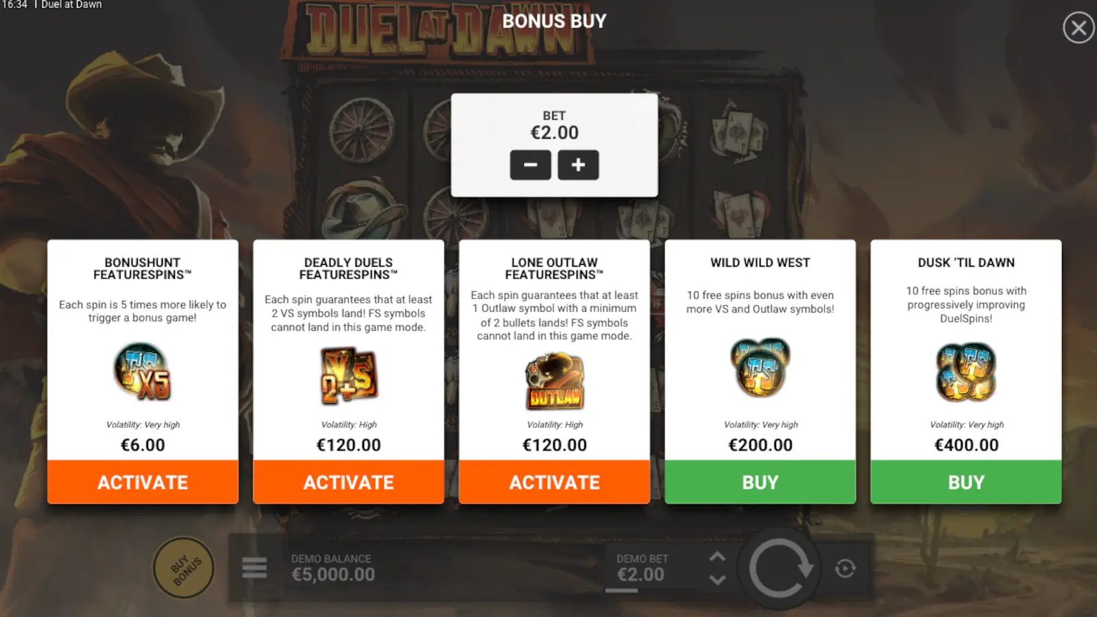 Duel At Dawn Slot Bonus Buy Options