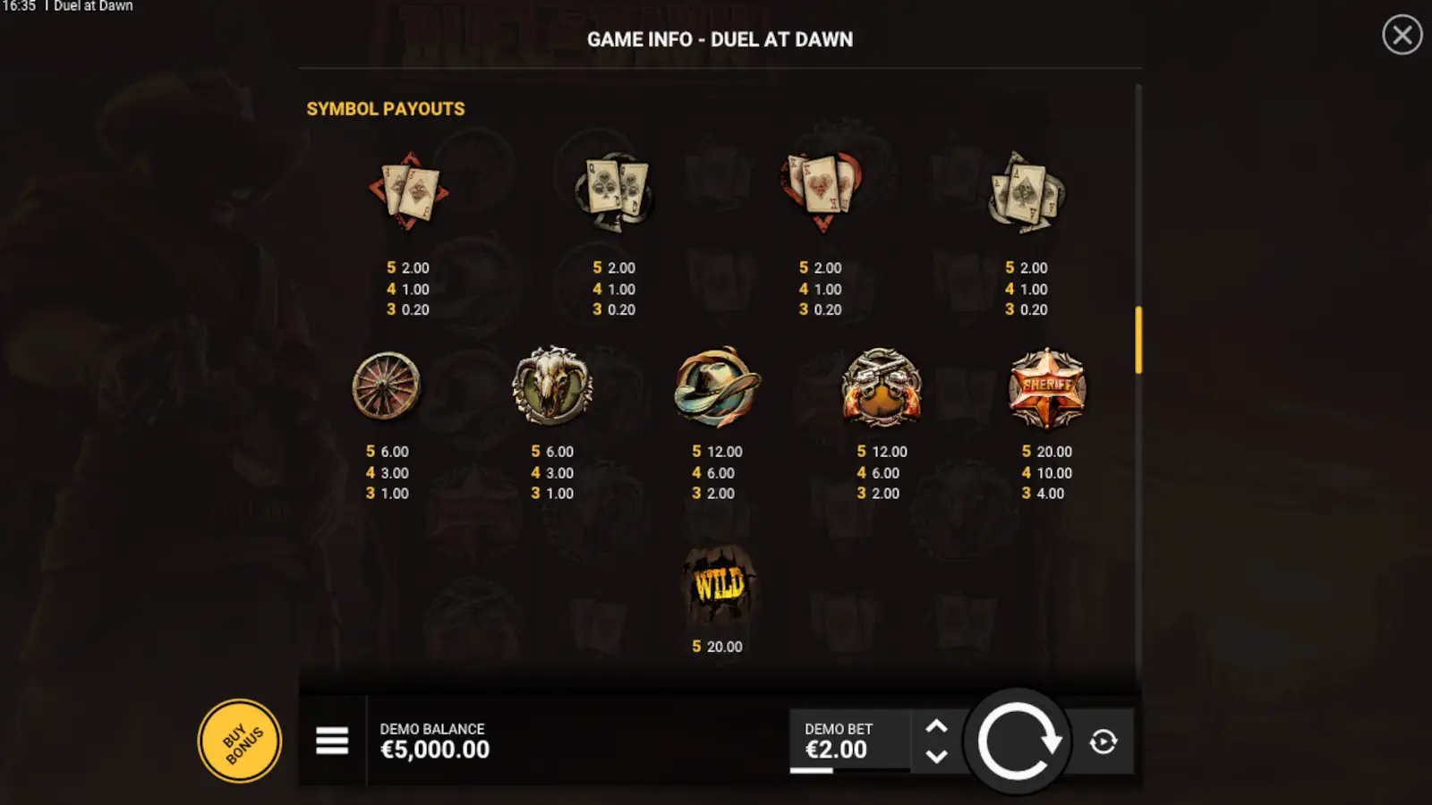 Duel At Dawn Slot Symbols and Paytable