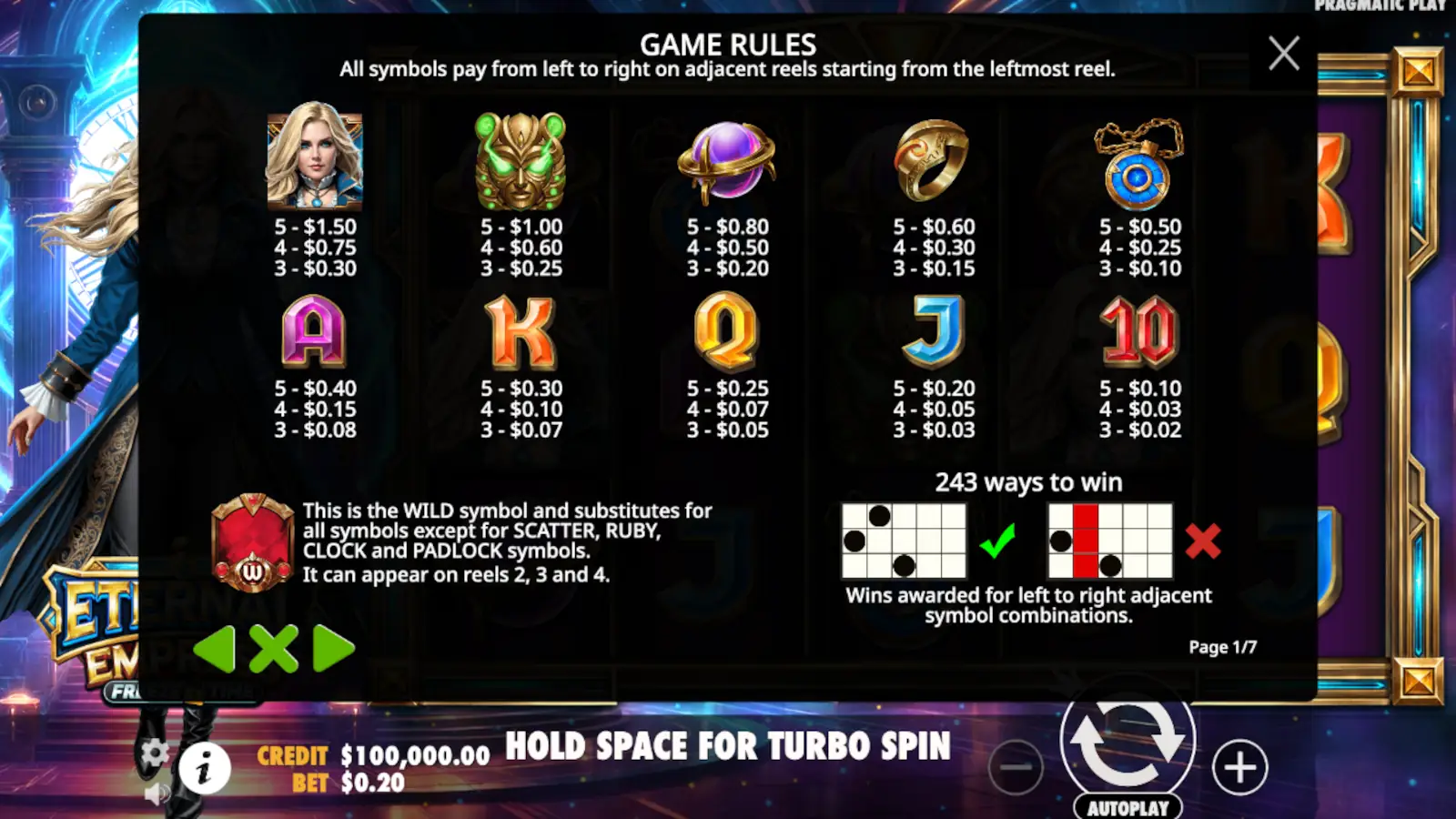 Eternal Empress Freeze Time Slot Symbols and Paytable