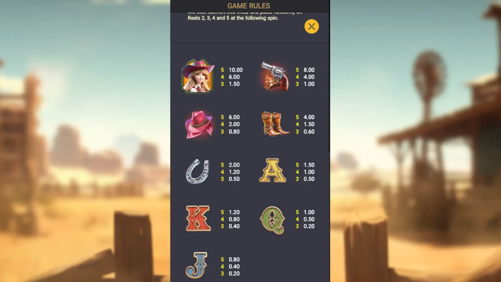 Gold West Slot Symbols and Paytable