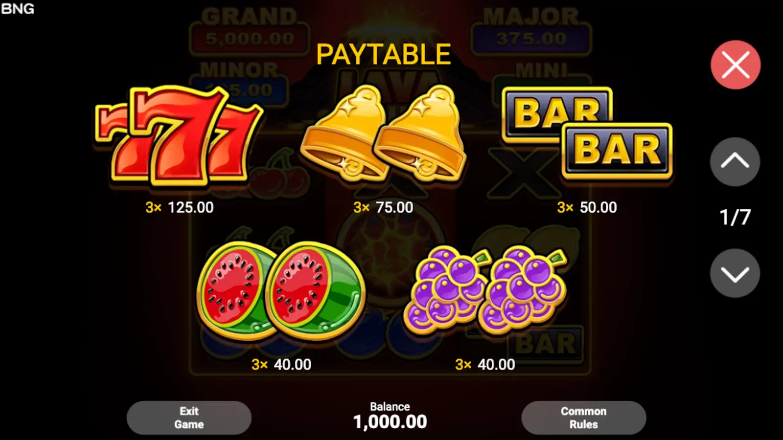 Lava Coins Slot Symbols and Paytable