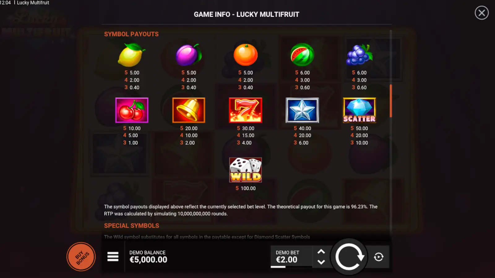 Lucky Multifruit Slot Symbols and Paytable