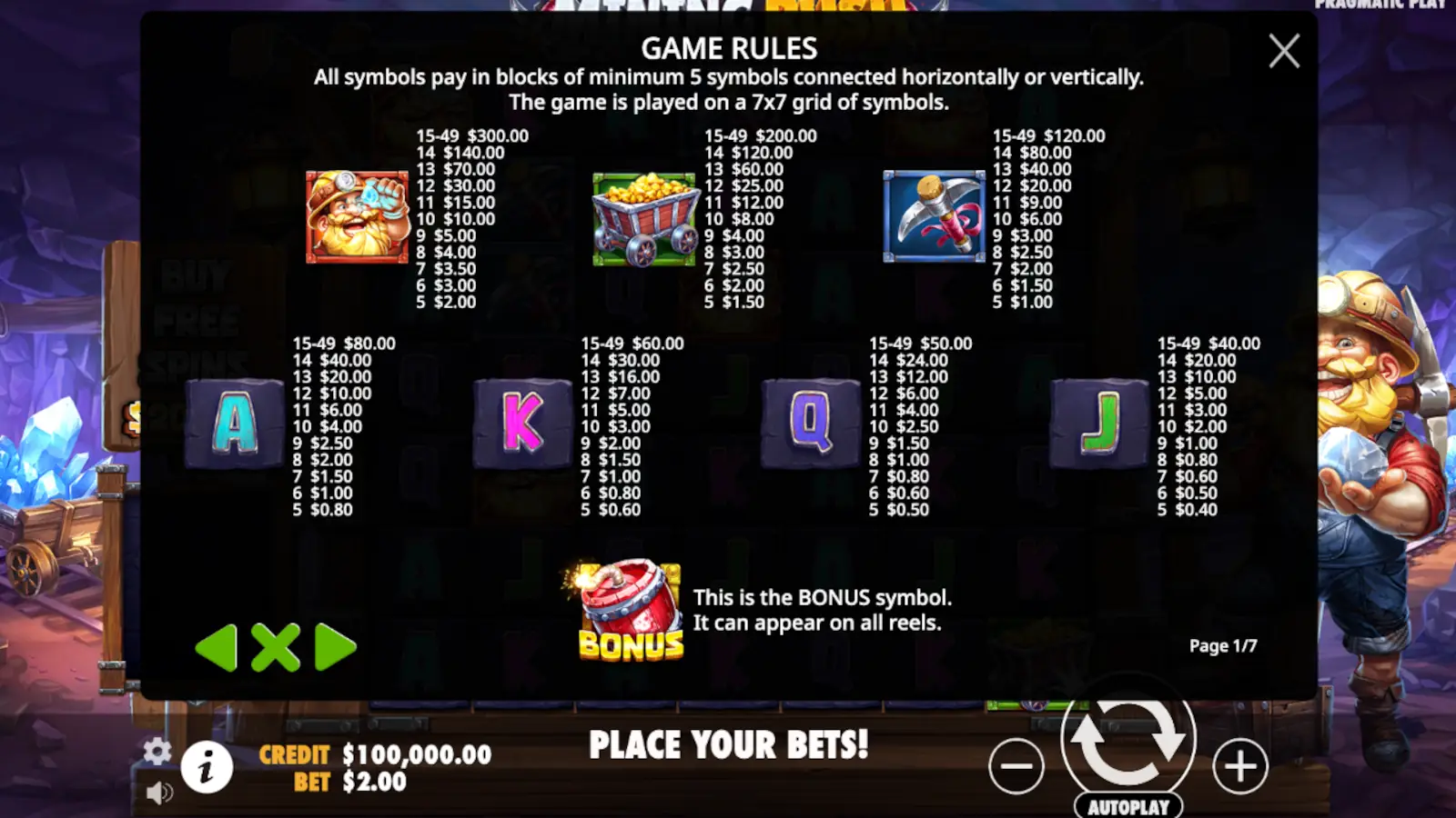 Mining Rush Slot Symbols and Paytable