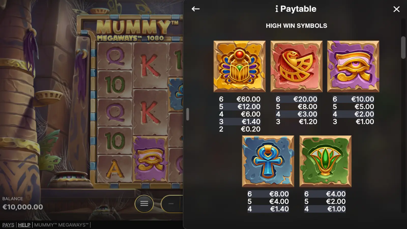 Mummy Megaways Slot Symbols and Paytable