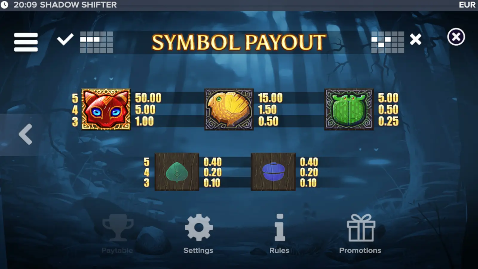 Shadow Shifter Slot Symbols and Paytable