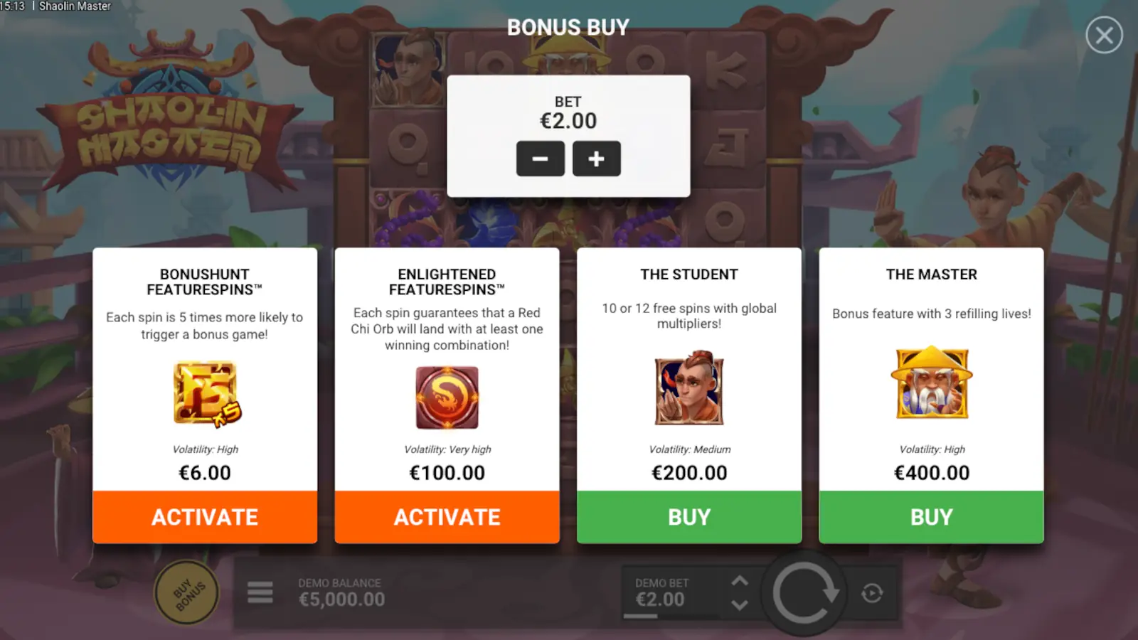 Shaolin Master Slot Feature Buy Options