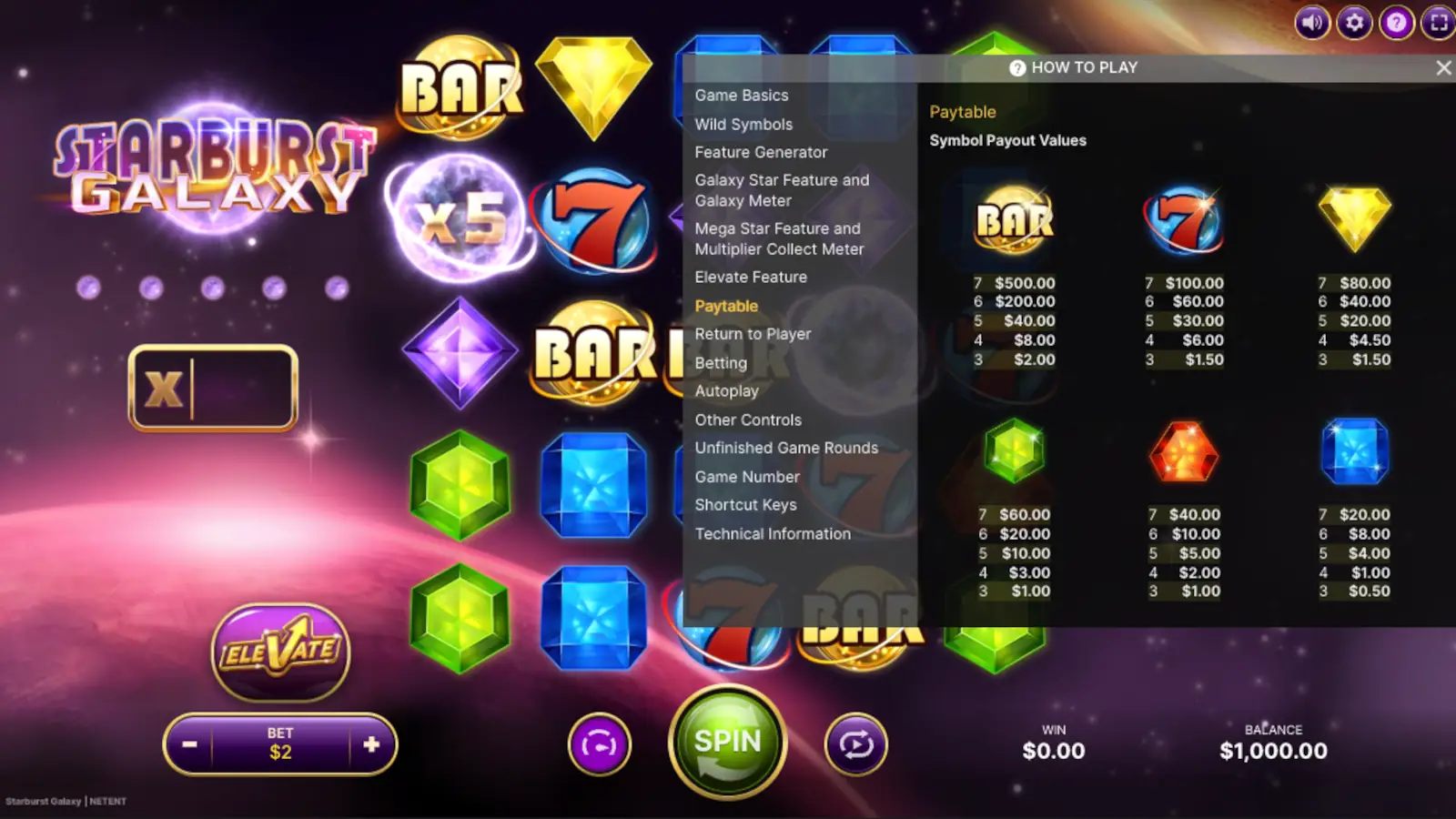 Starburst Galaxy Slot Symbols and Paytable