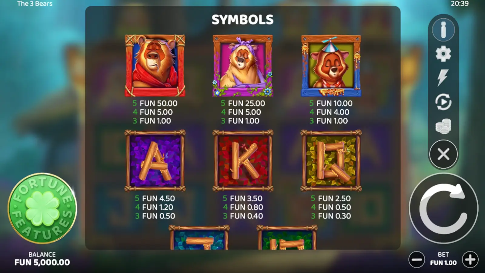 The 3 Bears Slot Symbols and Paytable