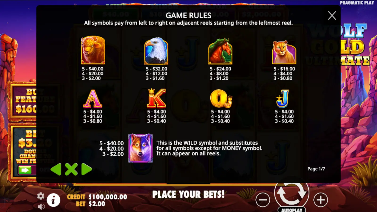 Wolf Gold Ultimate Slot Symbols and Paytable